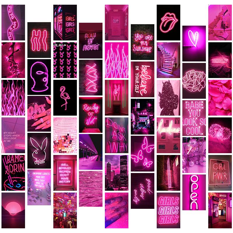 Wall Collage Kit Aesthetic Pictures, Photo Collage Kit for Wall Aesthetic  with LED Stripe Lights, Pink