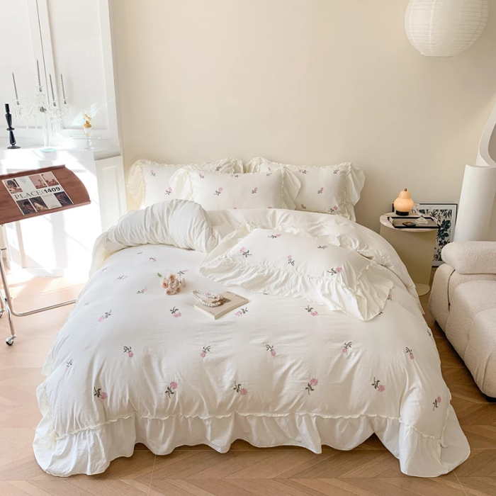 Rose Embroidery Bedding Set | Aesthetic Room Decor