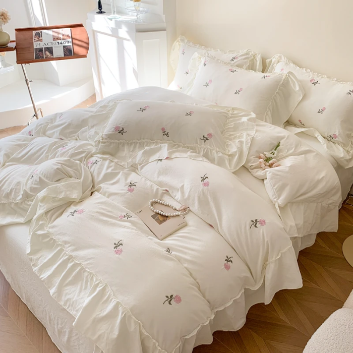 Rose Embroidery Bedding Set | Aesthetic Room Decor