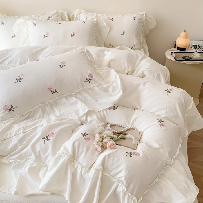 Rose Embroidery Bedding Set | Aesthetic Room Decor