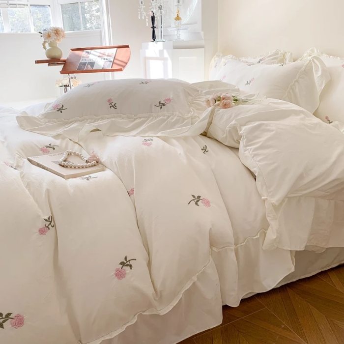 Rose Embroidery Bedding Set | Aesthetic Room Decor