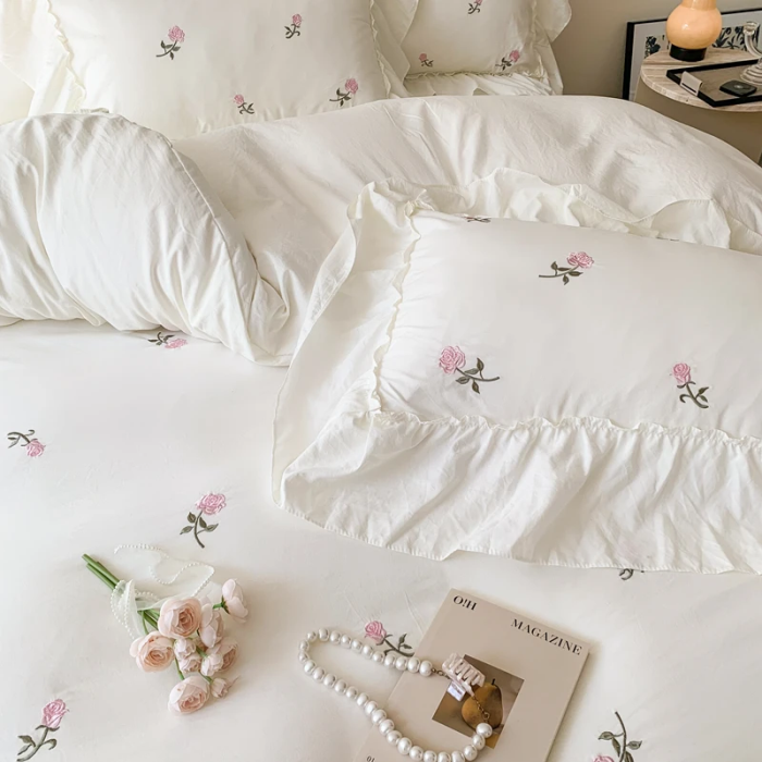 Rose Embroidery Bedding Set | Aesthetic Room Decor