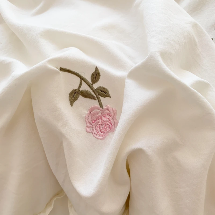 Rose Embroidery Bedding Set | Aesthetic Room Decor