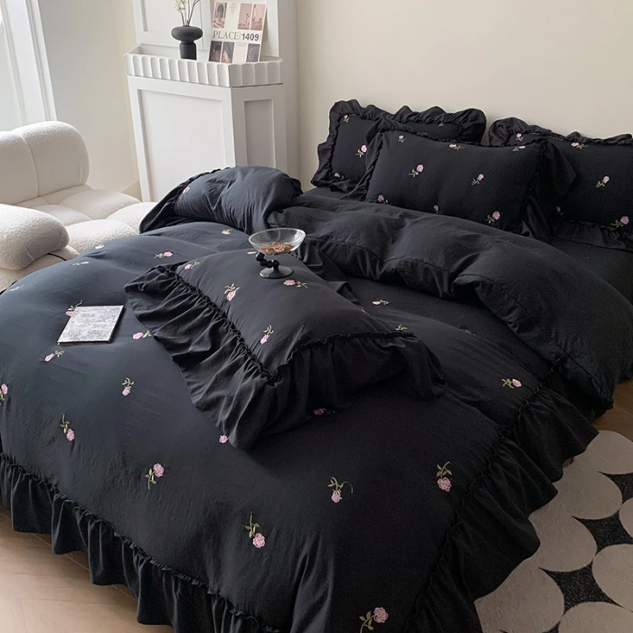 Rose Embroidery Bedding Set | Aesthetic Room Decor